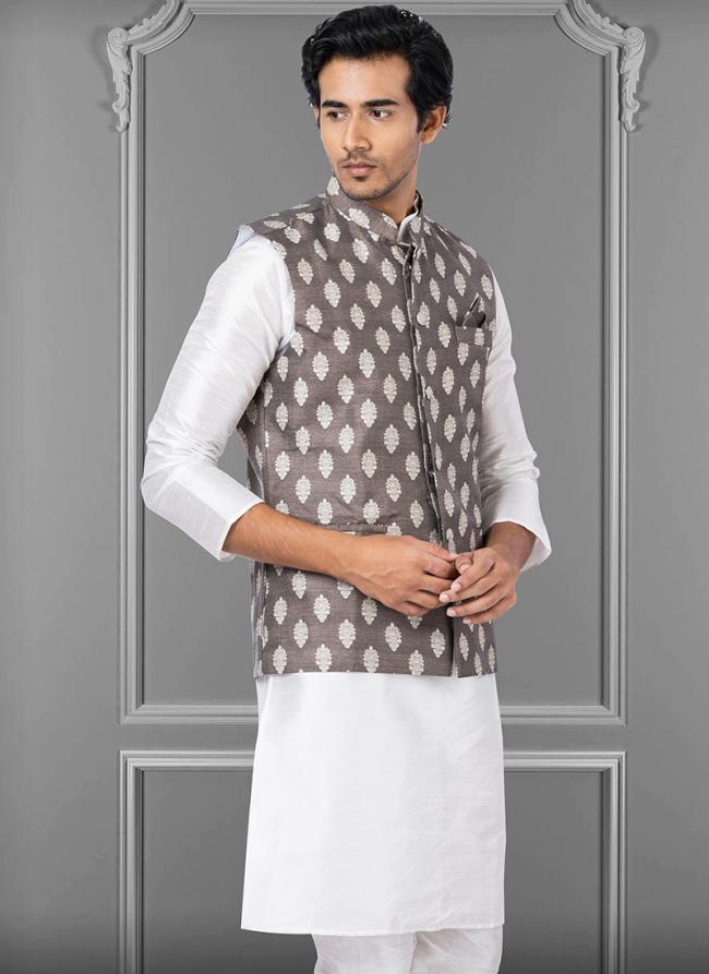 Jacquard Silk Grey Festival Wear Embroidery Work Readymade Men's Waistcoat